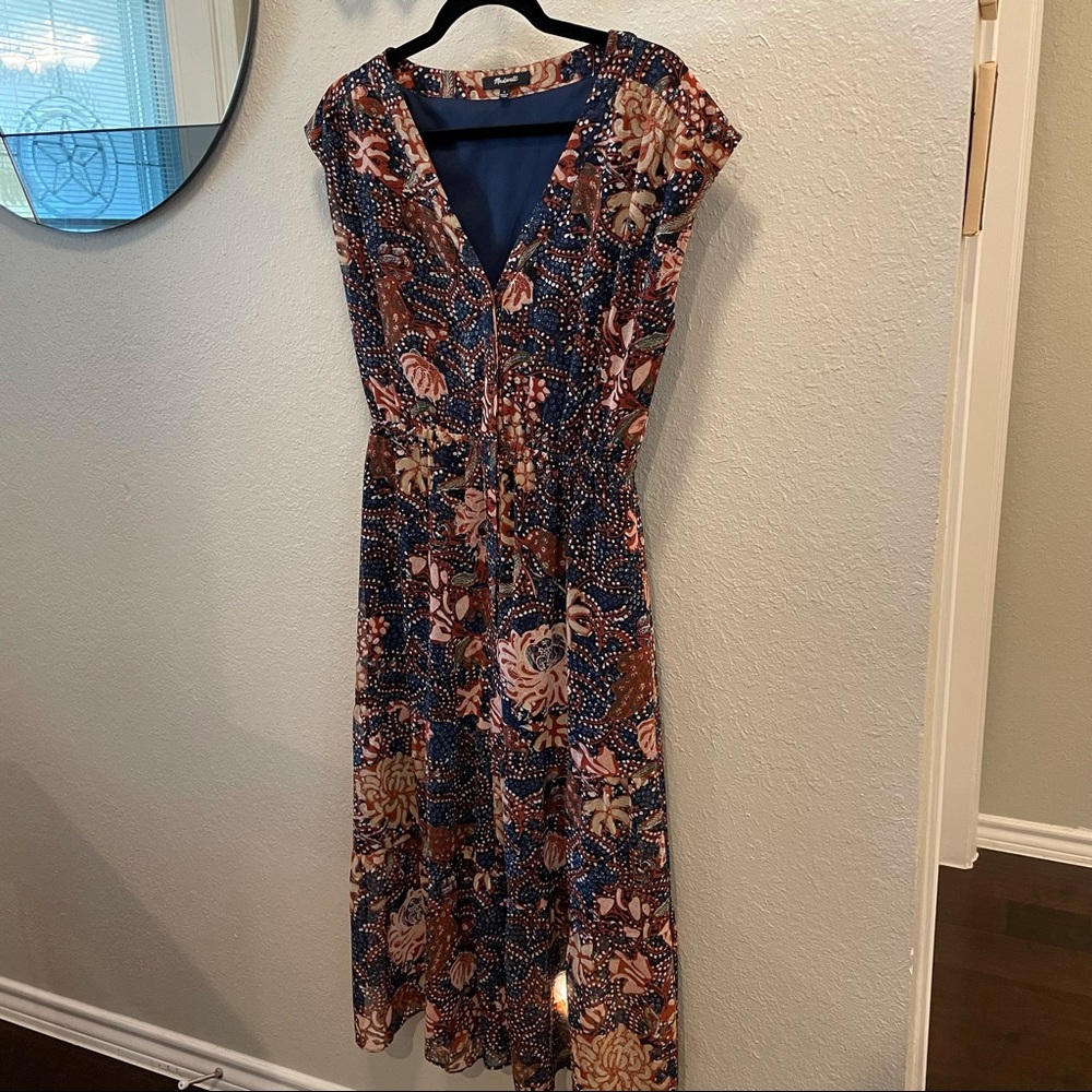 Madewell Print V-Neck Button Front Midi Dress